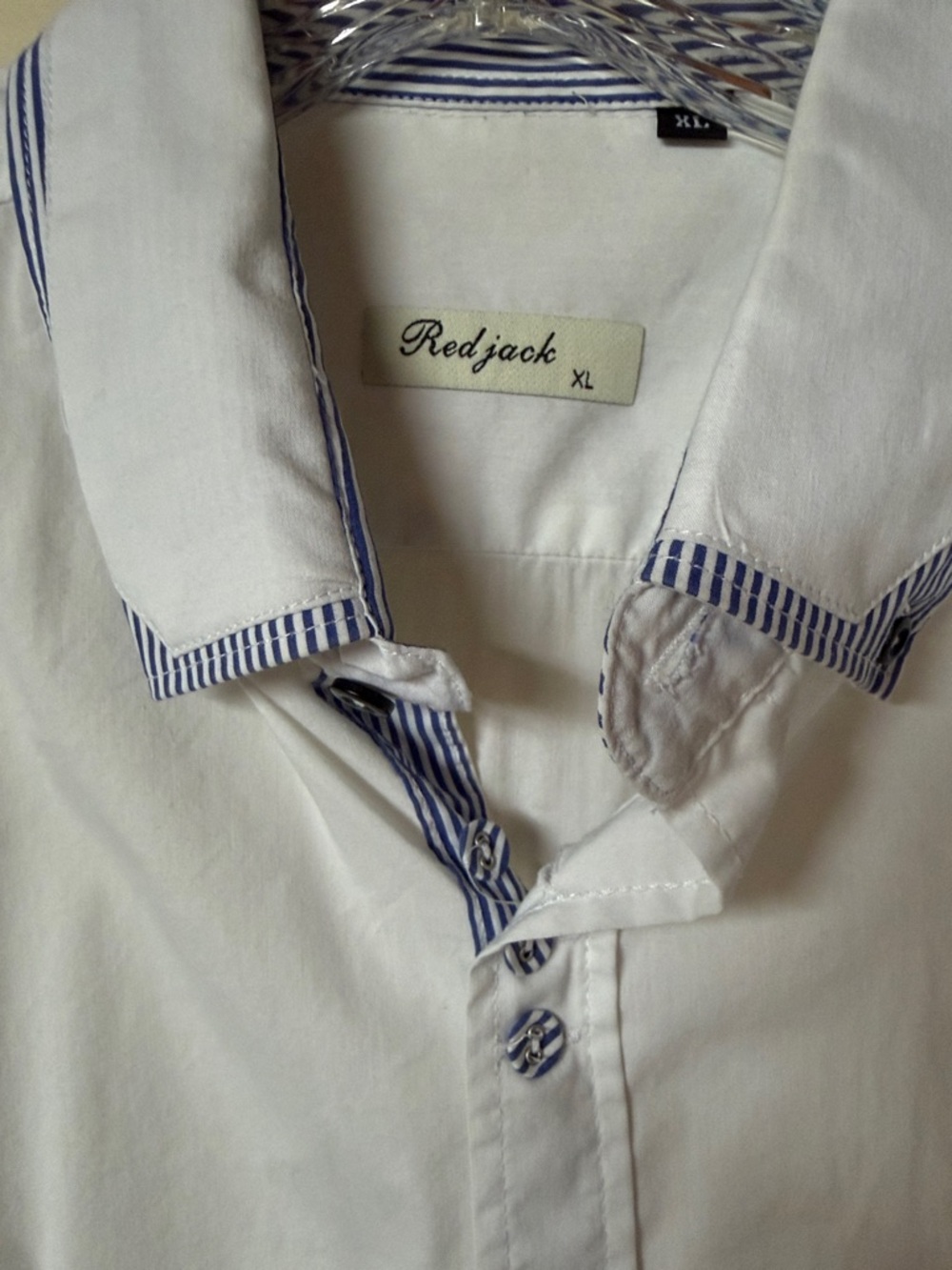 Men's White Button-Down Shirt with Blue Stripe Trim Red Jack